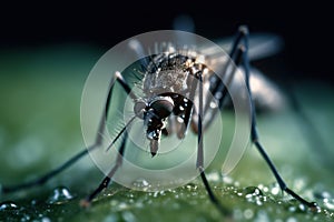 Tiny but mighty: Aedes Albopictus mosquito feeding on a leaf in detailed close-up