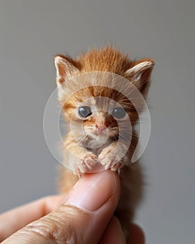 tiny miniature baby cat on a human finger , blurred background