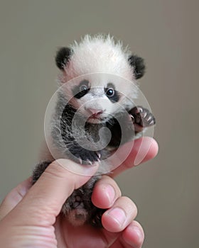 tiny miniature baby panda on a human finger , blurred background