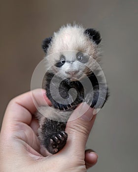 tiny miniature baby panda on a human finger , blurred background