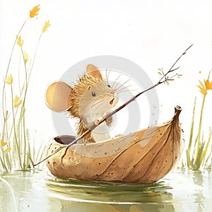 Tiny Mouse Rowing in a Boat Made of a Fallen Leaf on the Water