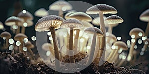 Tiny mushroom patch in a forest. Glowing growing fungi. Science, biology background. White toadstool background.
