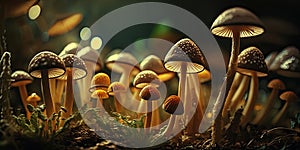 Tiny mushroom patch in a forest. Glowing growing fungi. Science, biology background. Yellow and orange toadstool background.