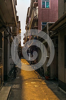 Tiny narrow streets of the walled village of Kat Hing Wai near H