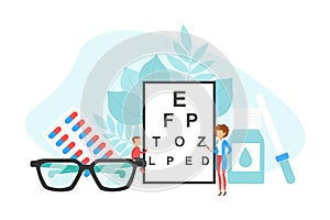 Tiny Ophthalmologist Doctor Checking up Vision of Patient, Ophthalmology, Eye Health Concept Flat Vector Illustration
