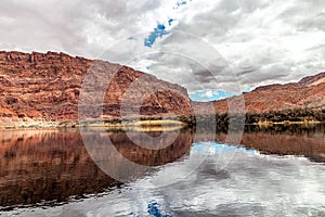 Tiny part of the blue sky manages to show up in this thick cloudy day, Lees Ferry landing, Page, AZ, USA