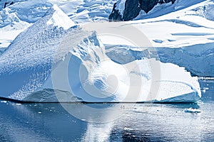 Tiny Penguins on Ice Floe and on Huge Iceberg with Fissure in Antarctica near Petermann Island