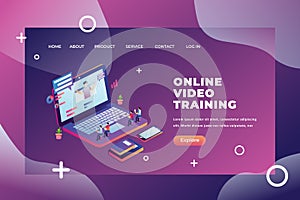 Tiny People Concept Studying From Online Video Training - Isometric Web Page Header Landing Page Template Illustration