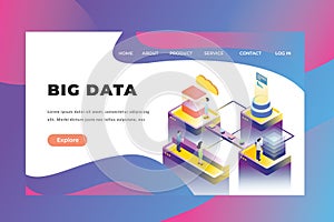 Tiny People Concept Working On Big Data Technology - Isometric Web Page Header Landing Page Template Illustration