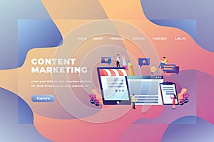 Tiny People Concept Working Together and Create Content Marketing - Web Page Header Landing Page Template Illustration