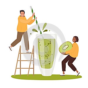 Tiny people cooking green kiwi smoothie, Woman holding fruit, man standing on ladder and holding straw. Interracial