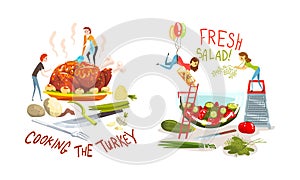 Tiny People Cooking Huge Roasted Turkey and Dressing Fresh Salad with Oil Vector Set