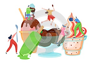 Tiny people decorate ice cream, dessert time, delicious sweet food, hot summer, woman cook, cartoon style vector