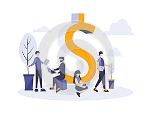 Tiny people with dollar money symbol. Group of workers are working together to achieve big income. Business metaphor flat design