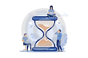 Tiny people and huge sand glass flat vector illustration. Cartoon team working together with laptops. Time management and business