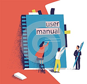 Tiny people or managers trying to open giant user manual. Small men and women and large computer software guide or