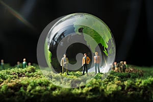 Tiny people positioned on grass, framed by an Earth crystal ball