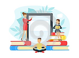 Tiny People Reading Books, Digital Library, Education, Knowledge, Studying and Literature Concept Cartoon Vector