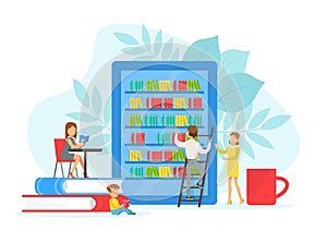 Tiny People Reading Books in Library, Education, Knowledge, Studying and Literature Concept Cartoon Vector Illustration