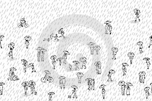 Tiny people with umbrellas in black and white