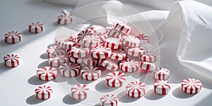Tiny peppermints in red and white stripes on white.