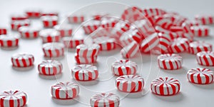 Tiny peppermints in red and white stripes on white
