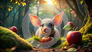 A Tiny Pig in a Dreamy Forest Devouring a Massive Apple A Surrealist Vision of Imagination and Wonder photo