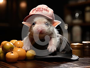 Tiny piglet in firefighter hat Fujifilm camera