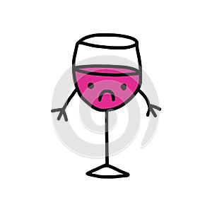 Tiny glass of wine sad and half-empty on white font