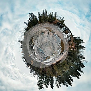 Tiny Planet Pine and Waterfall