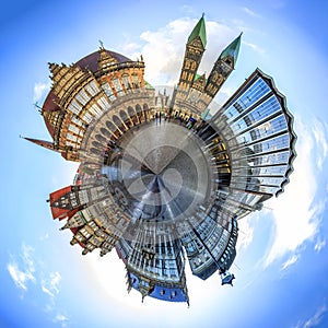 Tiny planet with Skyline of Bremen main market square, Germany