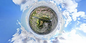 A tiny planet view of the market town of Shrewsbury in Shropshire