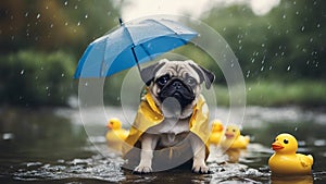 tiny raincoat and holding an umbrella, sitting in a puddle with rubber ducks duck duckies