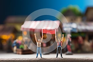 Tiny rebellion miniature protesters raise hands with signs for revolution