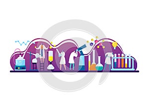 Tiny research fellow character studying chemical, scientific assistant laboratory work flat vector illustration