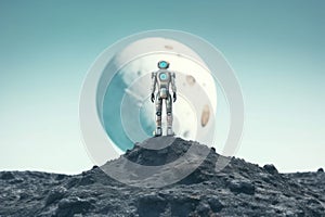 Tiny robot android standing on the Moon surface and watching another planet. AI generated