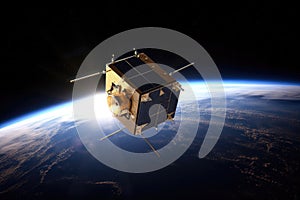 tiny satellite, with lasers for communication and navigation, orbiting the earth