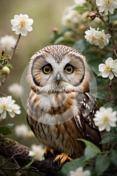 Tiny Saw-Whet Owl Among Jasmine Flowers