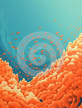 Tiny schools of fish swim in unison in front of a stunning coral reef.. AI generation