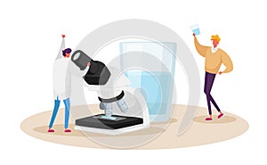 Tiny Scientist Look in Microscope Learning Clean Filtered Water. Tiny Characters at Huge Glass with Fresh Drinking Aqua