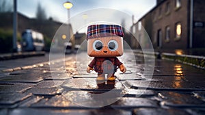 Tiny Scottish Robot Walking In The Rain With Pop Culture Mash-up photo