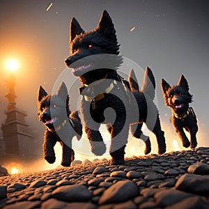 A tiny set of chic black security dogs in combat on the ruins of the city. AI generated photo