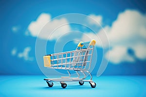 A tiny shopping cart against a backdrop of clear blue sky, shopping cart and laptop, soft blue background, AI Generated