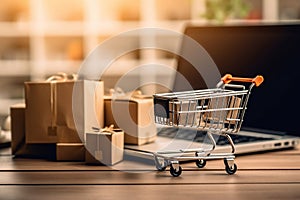 Tiny shopping cart, parcels and laptop computer with blurred background, delivery service, e-commerce, online shopping and