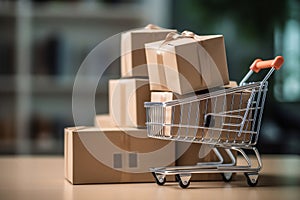 Tiny shopping cart and parcels on the table at home, delivery service, e-commerce, online shopping and marketplace concept.