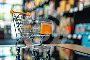 A tiny shopping cart, symbolizing online shopping, is placed on a table. The miniature size highlights how e-commerce