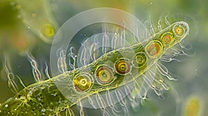 A tiny singlecelled algal organism magnified to show the intricate details of its flagella and chloroplasts. . photo