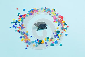 Tiny or small child of turtle surrounded by colorful sea stones on blue background.