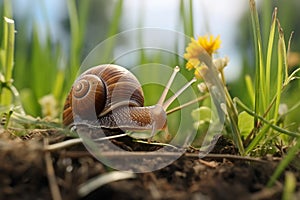 Tiny Snail Among Grass Blades. Generative AI