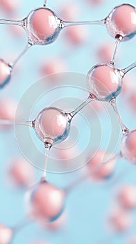 Tiny spheres connected by clear structures forming a pattern against a soft blue background, representing microscopic molecular